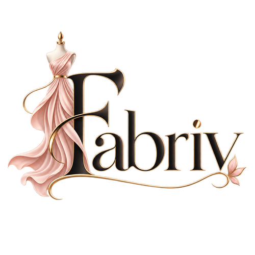 A stylized decorative logo reading 'Fabri' in black and metallic gold lettering, with a pale pink draped gown on a mannequin dress form integrated into the design, set on a plain white background.